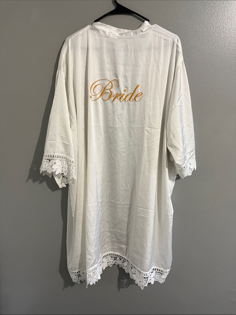 Bride Embroidered White Satin Robe with Lace Trim